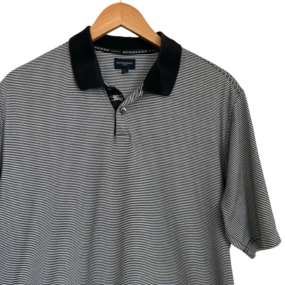 Burberry Golf Mens Striped Short Sleeve Polo Shirt Size Large Black White Cotton - Picture 3 of 10